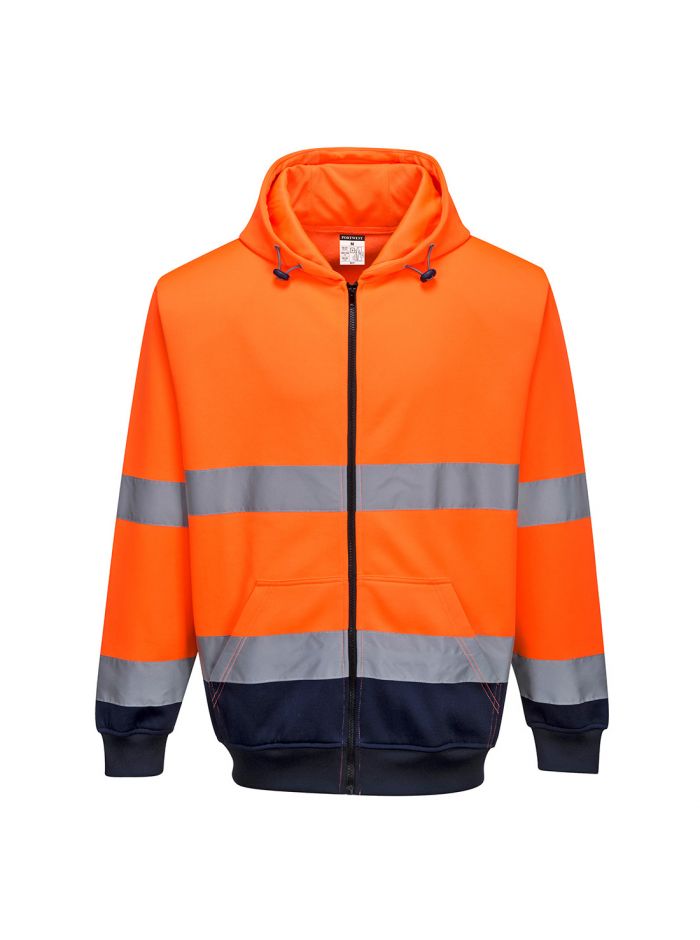 Hi-Vis Contrast Zipped Hoodie, L, R, Orange/Navy